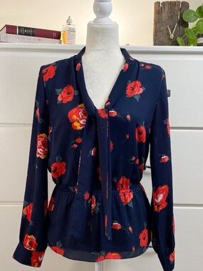 Aritzia Babaton Navy Blouse with Red Floral Print